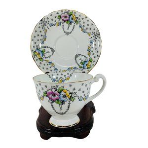 Vintage Clarence England Bone China Teacup Pansies Gold Trim Cup & Saucer RARE
